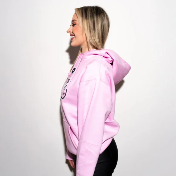 Custom Pink Chenille Patch Pullover Hoodie | - Style B12C54 - product detail view 5 Custom Pink Chenille Patch Pullover Hoodie | - Style B12C54 - product detail view 5