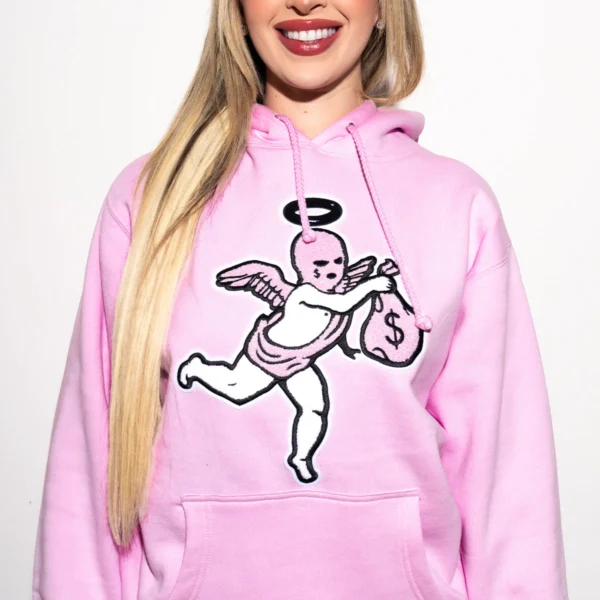 Custom Pink Chenille Patch Pullover Hoodie | - Style B12C54 - product detail view 6 Custom Pink Chenille Patch Pullover Hoodie | - Style B12C54 - product detail view 6