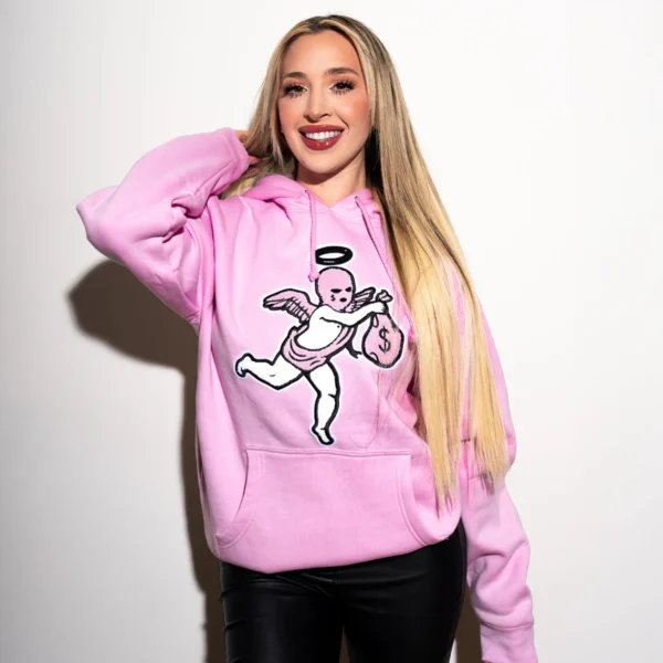 Custom Pink Chenille Patch Pullover Hoodie | - Style B12C54 - product detail view 8 Custom Pink Chenille Patch Pullover Hoodie | - Style B12C54 - product detail view 8