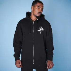 Black zip-up hoodie with chenille angel patch