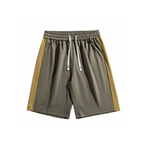 Custom Color-Block Performance Basketball Shorts - Style DCA949 Grey colorblock basketball shorts with yellow and white side stripes and drawcord waist.