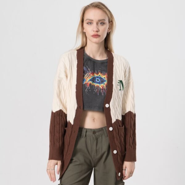 Custom Women's Color-Block Cable Knit Cardigan - Style 5DCF58 Custom Women's Color-Block Cable Knit Cardigan - Style 5DCF58