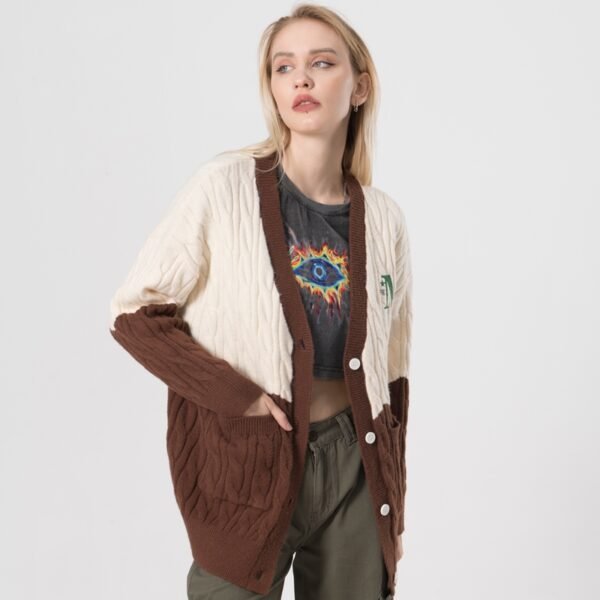 Custom Women's Color-Block Cable Knit Cardigan - Style 5DCF58 - product detail view 2 Custom Women's Color-Block Cable Knit Cardigan - Style 5DCF58 - product detail view 2