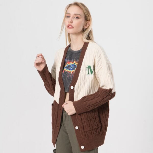 Custom Women's Color-Block Cable Knit Cardigan - Style 5DCF58 - product detail view 3 Custom Women's Color-Block Cable Knit Cardigan - Style 5DCF58 - product detail view 3