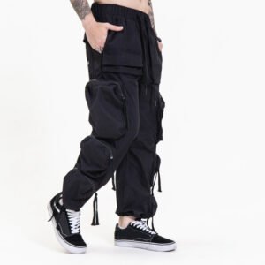 Black multi-pocket cargo jeans with drawstring waist