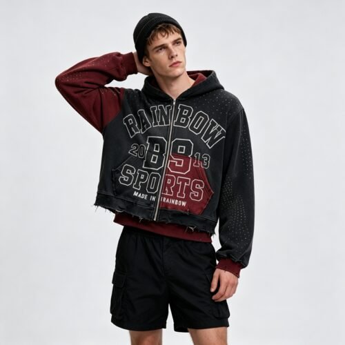Custom Distressed Color-Block Cropped Zip Hoodie | - Style B010D8 Custom Distressed Color-Block Cropped Zip Hoodie | - Style B010D8