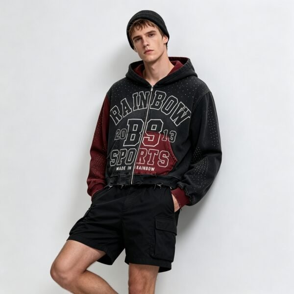 Custom Distressed Color-Block Cropped Zip Hoodie | - Style B010D8 - product detail view 2 Custom Distressed Color-Block Cropped Zip Hoodie | - Style B010D8 - product detail view 2