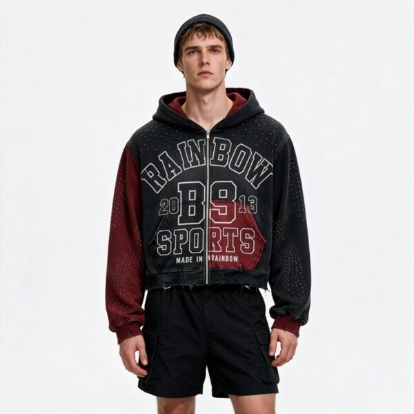 Custom Distressed Color-Block Cropped Zip Hoodie | - Style B010D8 - product detail view 4 Custom Distressed Color-Block Cropped Zip Hoodie | - Style B010D8 - product detail view 4