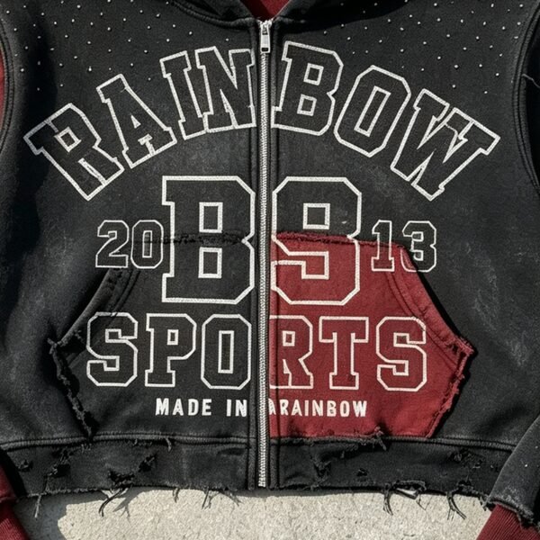 Custom Distressed Color-Block Cropped Zip Hoodie | - Style B010D8 - product detail view 8 Custom Distressed Color-Block Cropped Zip Hoodie | - Style B010D8 - product detail view 8