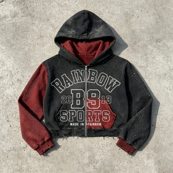 Custom Distressed Color-Block Cropped Zip Hoodie | - Style B010D8 - product detail view 10 Custom Distressed Color-Block Cropped Zip Hoodie | - Style B010D8 - product detail view 10