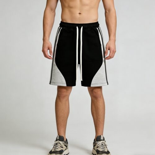 Men's color-block drawstring streetwear shorts in black, grey, and white