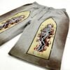Grey ombre shorts with skeleton and flame embroidery