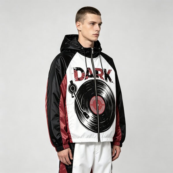 Custom Color-Block Record Graphic Hooded Jacket - Style AE00B8 - product detail view 2 Custom Color-Block Record Graphic Hooded Jacket - Style AE00B8 - product detail view 2