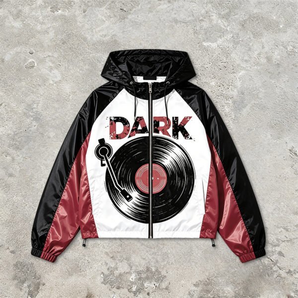 Custom Color-Block Record Graphic Hooded Jacket - Style AE00B8 - product detail view 10 Custom Color-Block Record Graphic Hooded Jacket - Style AE00B8 - product detail view 10