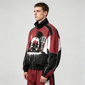 Man wearing a red and black color block jacket with music graphic