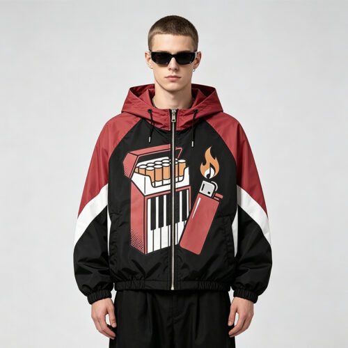Custom Color-Block Hooded Graphic Jacket - Style 7C94DA Color-block hooded jacket with cigarette and lighter graphic