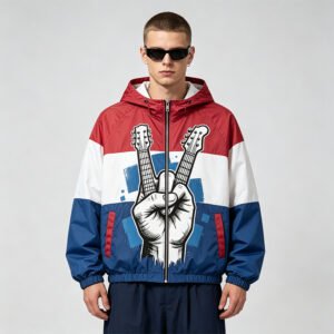 Color-blocked hooded jacket with peace sign and guitar graphic