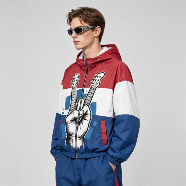 Custom Color Block Guitar Graphic Hooded Jacket - Style 387786 - product detail view 8 Custom Color Block Guitar Graphic Hooded Jacket - Style 387786 - product detail view 8