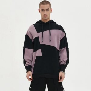 Black and purple color-block patchwork oversized hoodie.