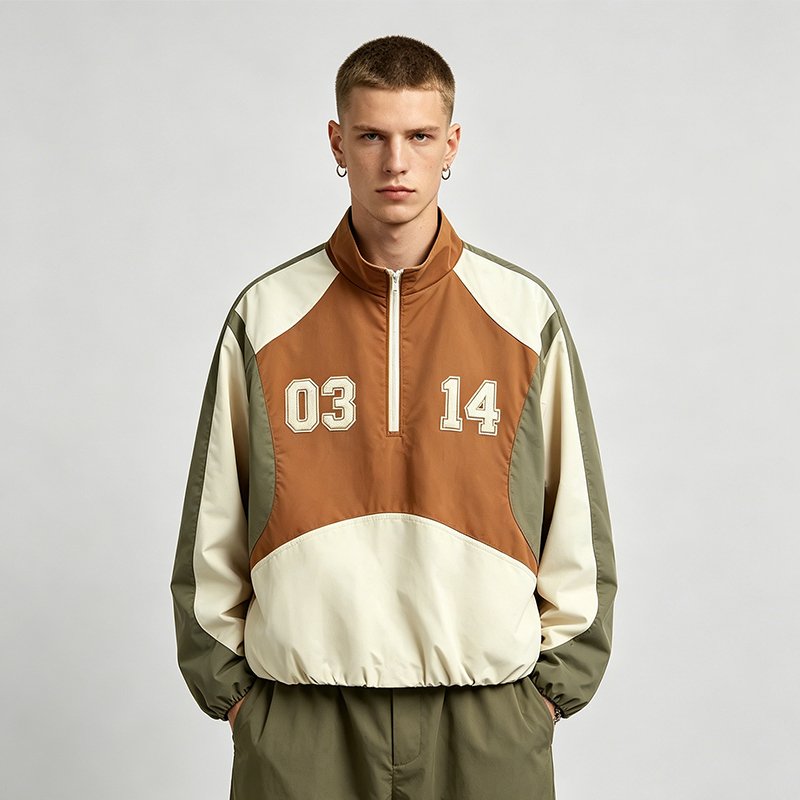 Men's color-block quarter-zip jacket with numbers 03 and 14