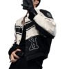 Color-block racing jacket with letters '2' and 'K'