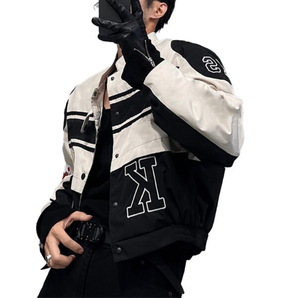Color-block racing jacket with letters '2' and 'K'