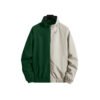 Front view of a two-tone zip hooded cardigan jacket in green and tan
