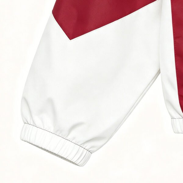 Custom Color-Blocked Applique Zip Jacket - Style 436771 Red and white color-blocked zip jacket with elastic cuffs