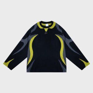 Men's black waffle-knit long-sleeve top with grey and yellow contrast panels.