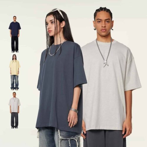 Models wearing custom oversized heavyweight t-shirts in various colors.