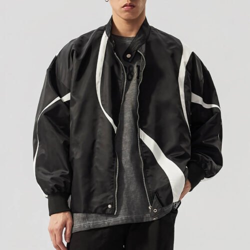 Custom Colorblocked Satin-Effect Moto Bomber Jacket - Style 19E6E6 Man wearing a black and white colorblocked satin-effect moto bomber jacket.