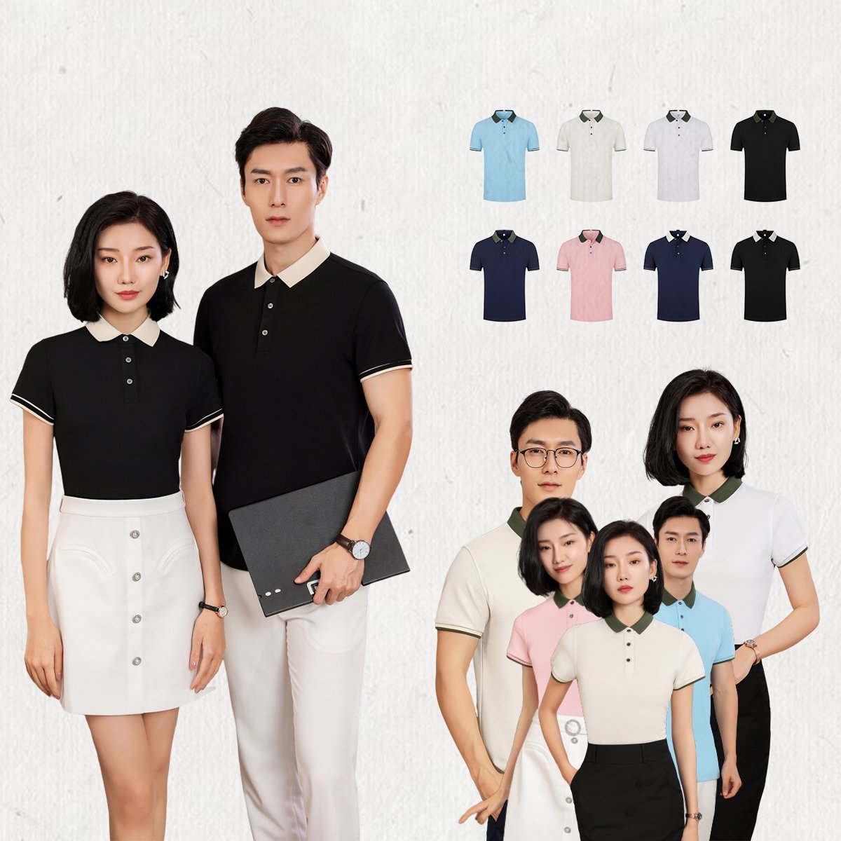 Models showcasing custom unisex color-block slim-fit polo shirts with contrast collars and cuffs.