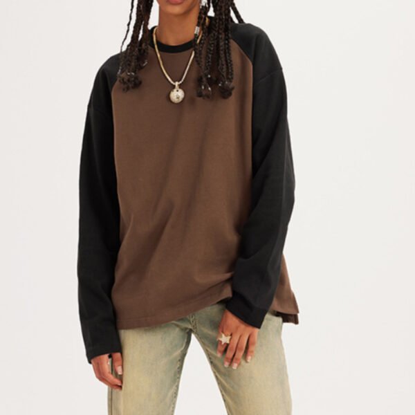 Custom Contrast Panel Mesh Polo Shirt - Style 95E1D4 Long sleeve polo shirt with brown body and black raglan sleeves
