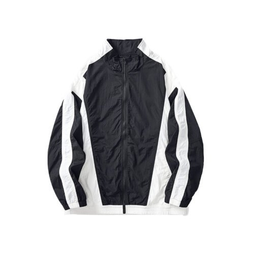 Custom contrast-panel mobility track jacket in black and white with a collared neckline and zippered front.