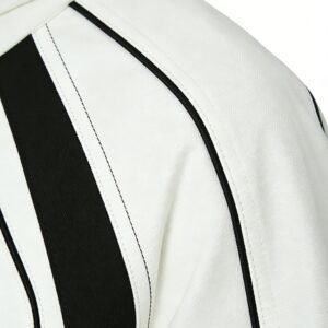 Close-up of a white and black striped hooded tracksuit set