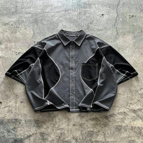 Grey and black color-block contrast seam short-sleeve shirt
