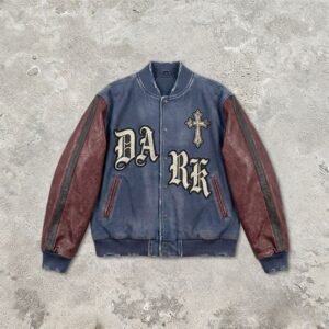 Blue and burgundy distressed varsity bomber jacket with 'DARK' lettering.