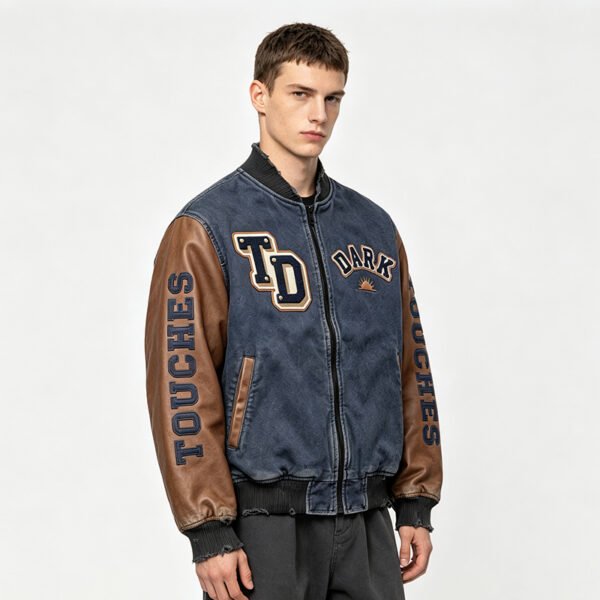 Custom Contrast Sleeve Varsity Bomber Jacket | VW-JK-C9F9 - Style C9F9E6 - product detail view 2 Custom Contrast Sleeve Varsity Bomber Jacket | VW-JK-C9F9 - Style C9F9E6 - product detail view 2