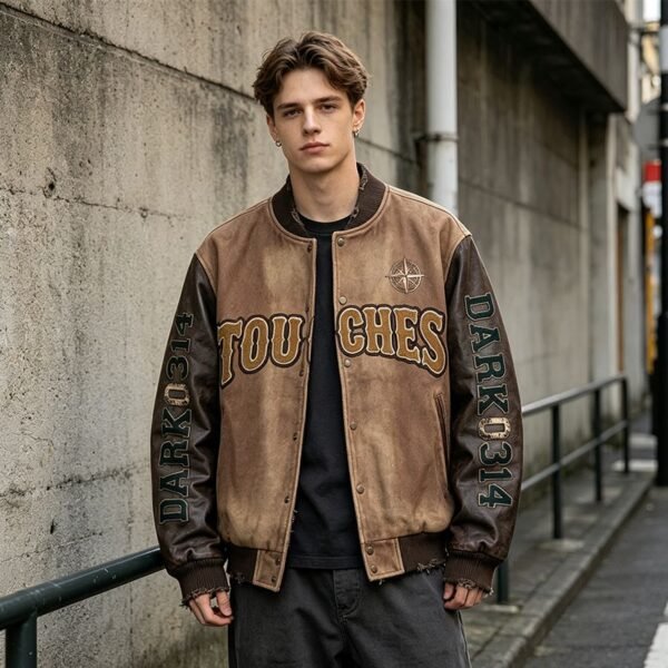 Custom Contrast-Sleeve Varsity Jacket - Style 1F3FF6 - product detail view 2 Custom Contrast-Sleeve Varsity Jacket - Style 1F3FF6 - product detail view 2