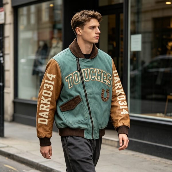 Custom Contrast Sleeve Varsity Jacket 707-01 - Style 51F446 - product detail view 2 Custom Contrast Sleeve Varsity Jacket 707-01 - Style 51F446 - product detail view 2