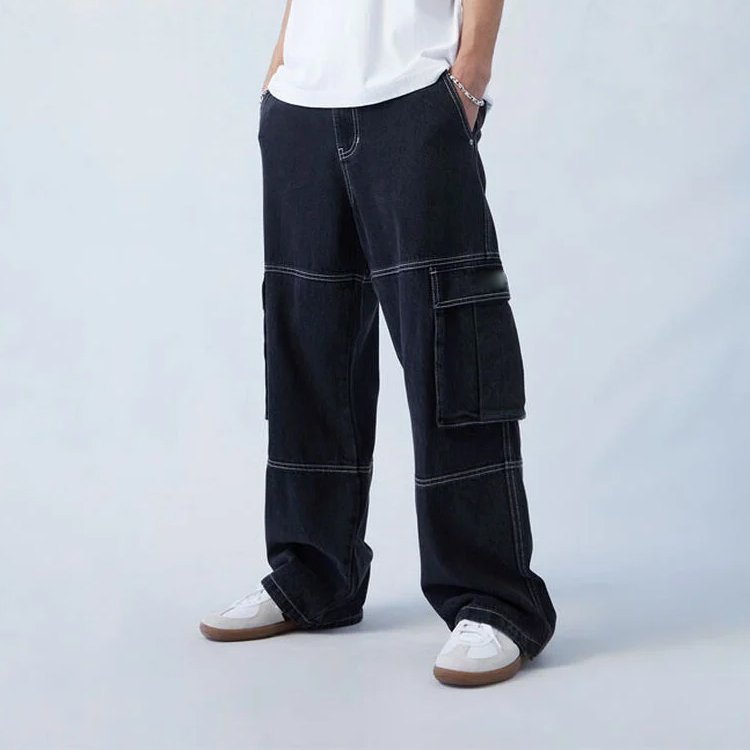 Black wide-leg cargo jeans with contrast stitching