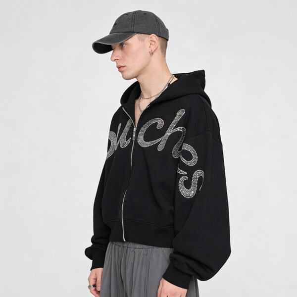 Custom Contrast-Thread Rhinestone Zip Hoodie - Style 632E46 - product detail view 8 Custom Contrast-Thread Rhinestone Zip Hoodie - Style 632E46 - product detail view 8