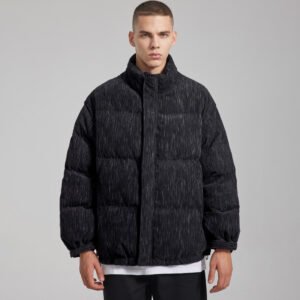 Man wearing a custom corduroy padded stand-collar coat.