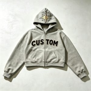 Grey cropped boxy zip hoodie with 'CUSTOM' applique