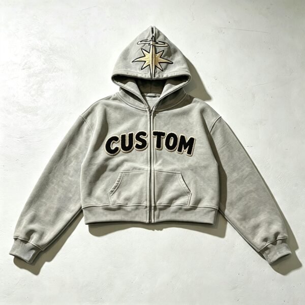 Grey cropped boxy zip hoodie with 'CUSTOM' applique
