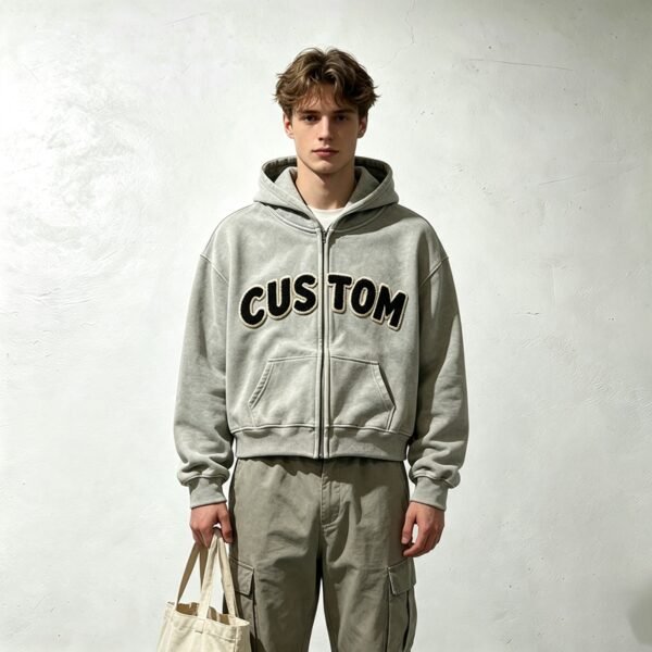 Custom Cropped Boxy Applique Zip Hoodie | VW-H001 - Style 0BDA86 - product detail view 3
