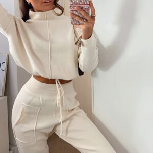 Custom Women's Cropped High-Neck Hoodie Sweat Set - VWH-6910 - Style 6910E5