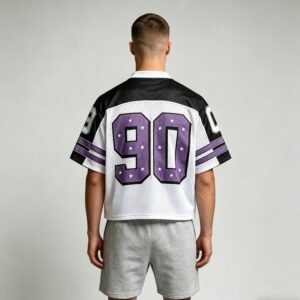 Cropped mesh football jersey with purple stars and the number 90