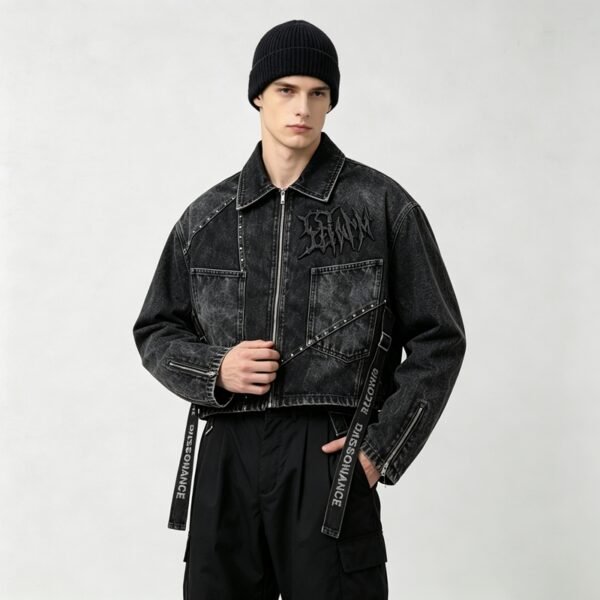 Custom Cropped Rivet Strap Washed Jacket - Style F45889 - product detail view 8 Custom Cropped Rivet Strap Washed Jacket - Style F45889 - product detail view 8