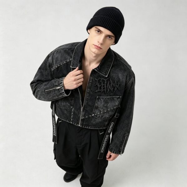 Custom Cropped Rivet Strap Washed Jacket - Style F45889 - product detail view 9 Custom Cropped Rivet Strap Washed Jacket - Style F45889 - product detail view 9
